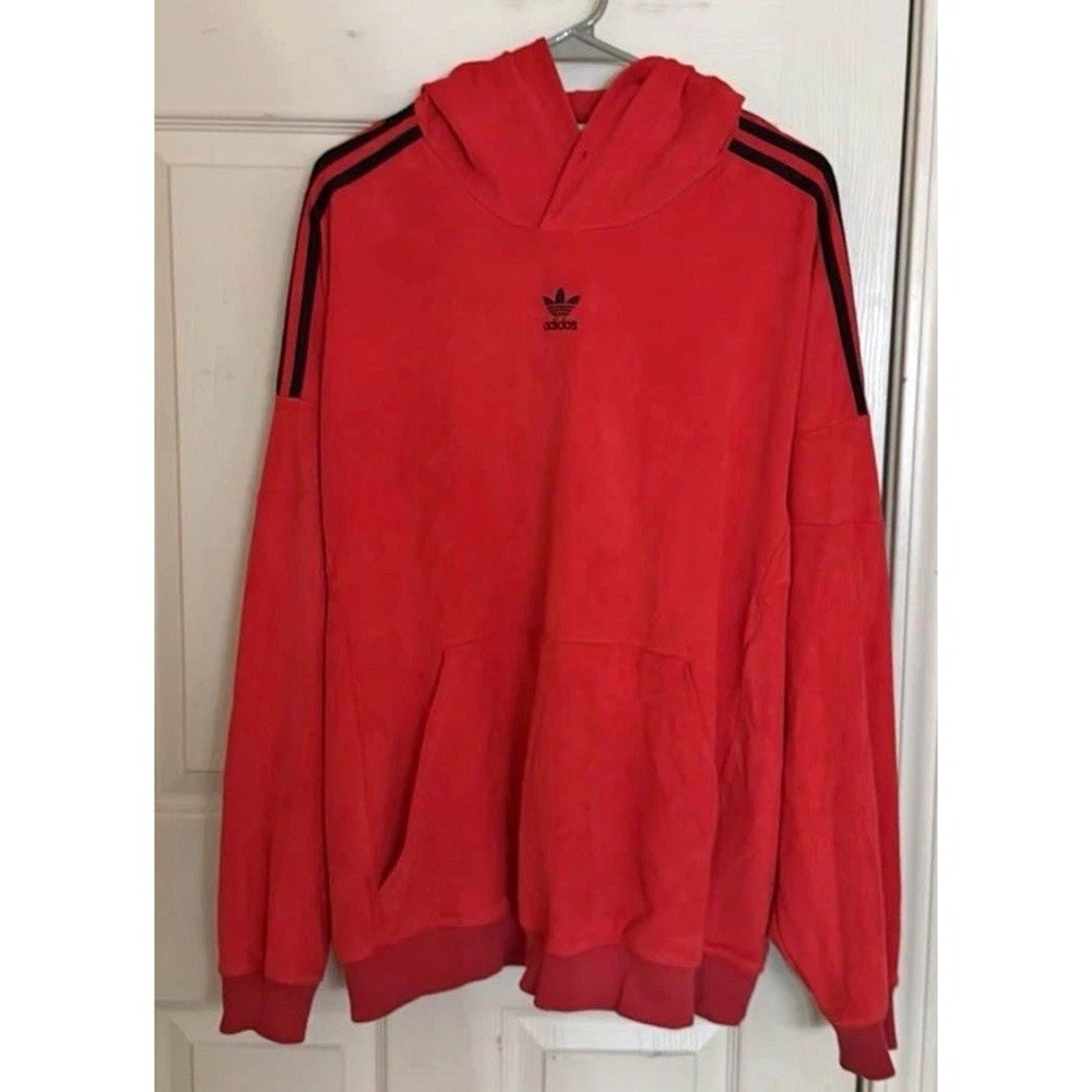 Adidas Sueded Hoodie Sweatshirt Men's Size XL Red Oversized Sweater HL9451 *READ